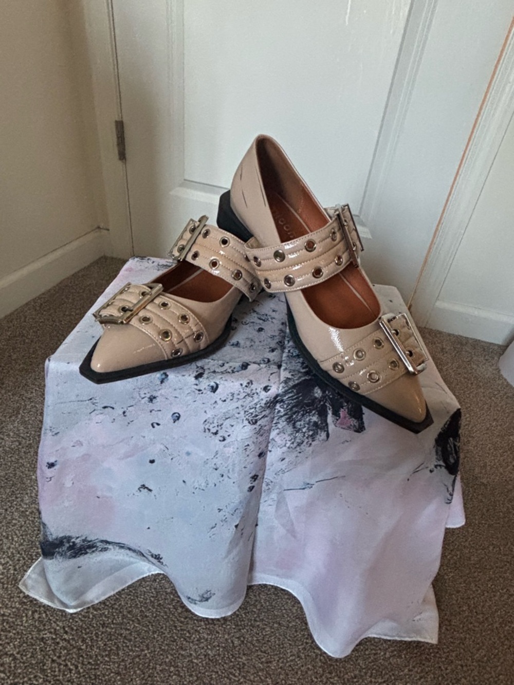 Pointed Mary Jane Flats with Stud and Buckle in Nude